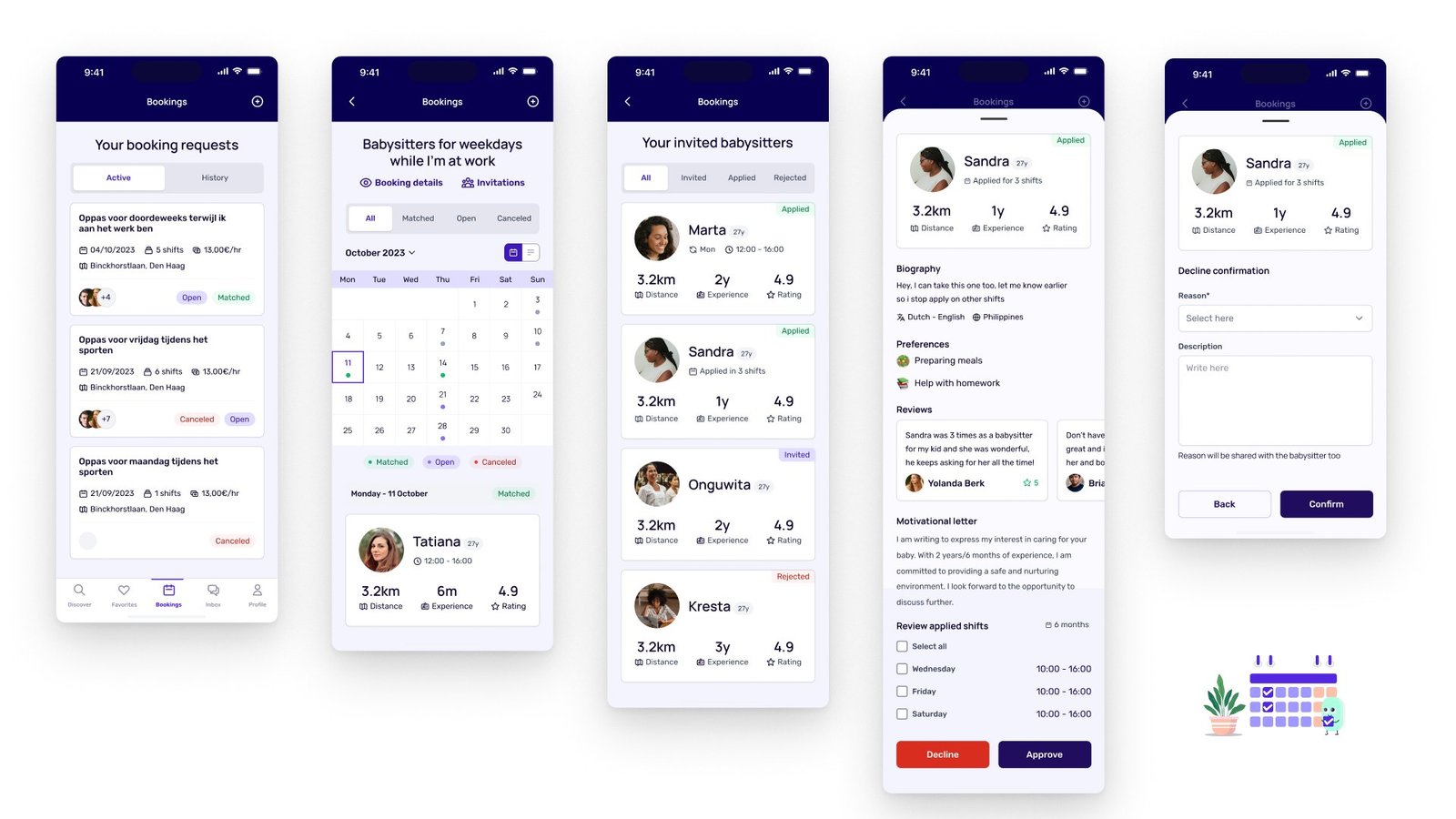 Family booking: requests with a status, a shift calendar, invited babysitters, approve per shift, and a decline with a reason.