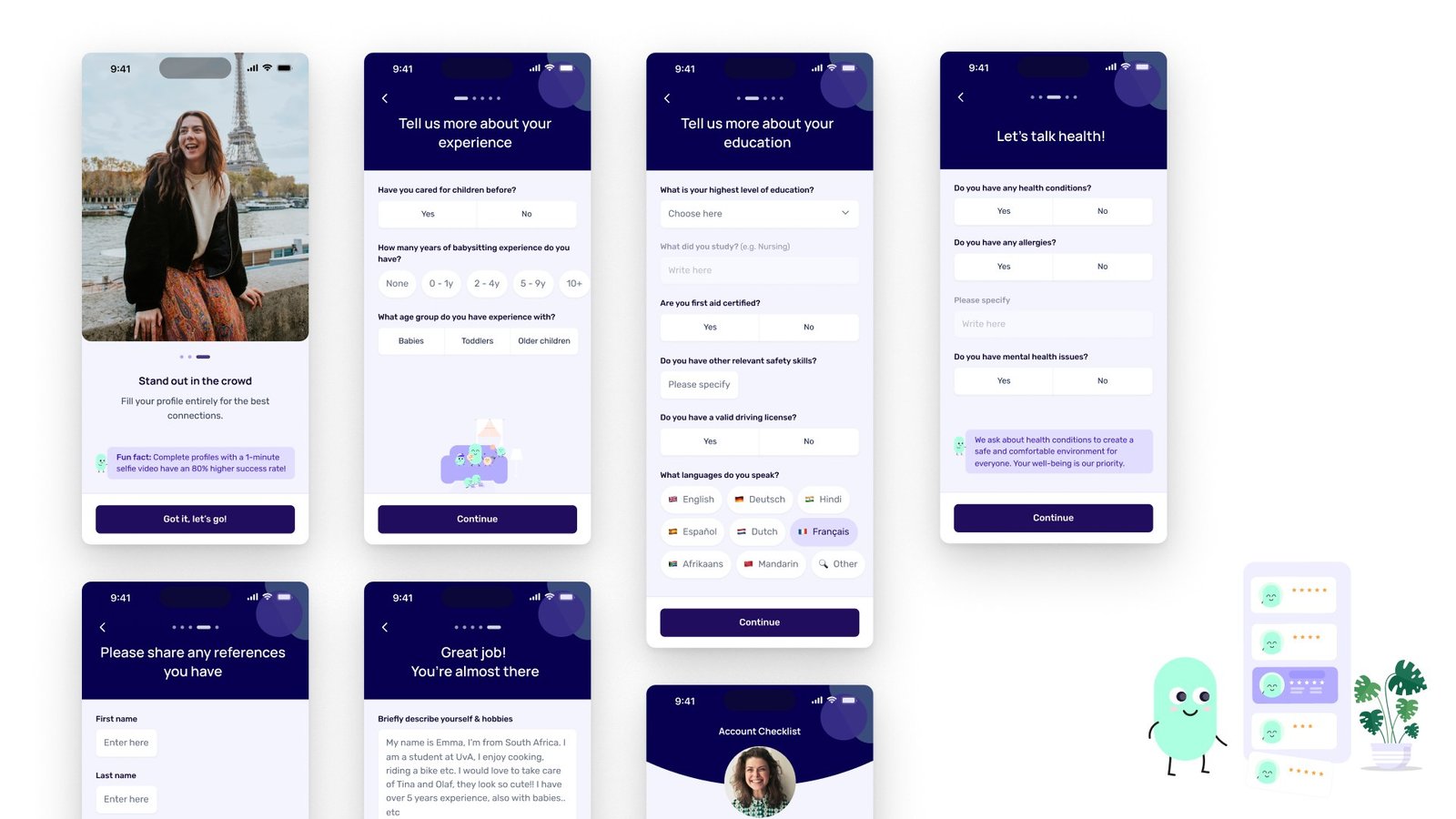 Caregiver onboarding: one theme per step (experience, education, health, references) with yes/no answers.