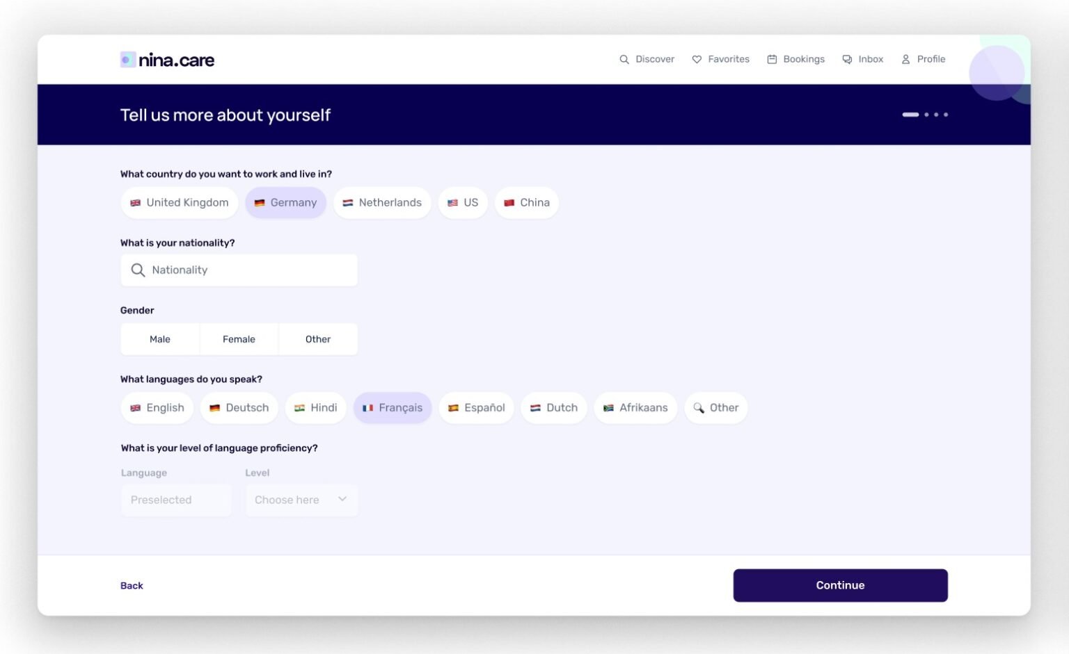 Desktop onboarding: country, nationality, gender and languages as tappable choices.