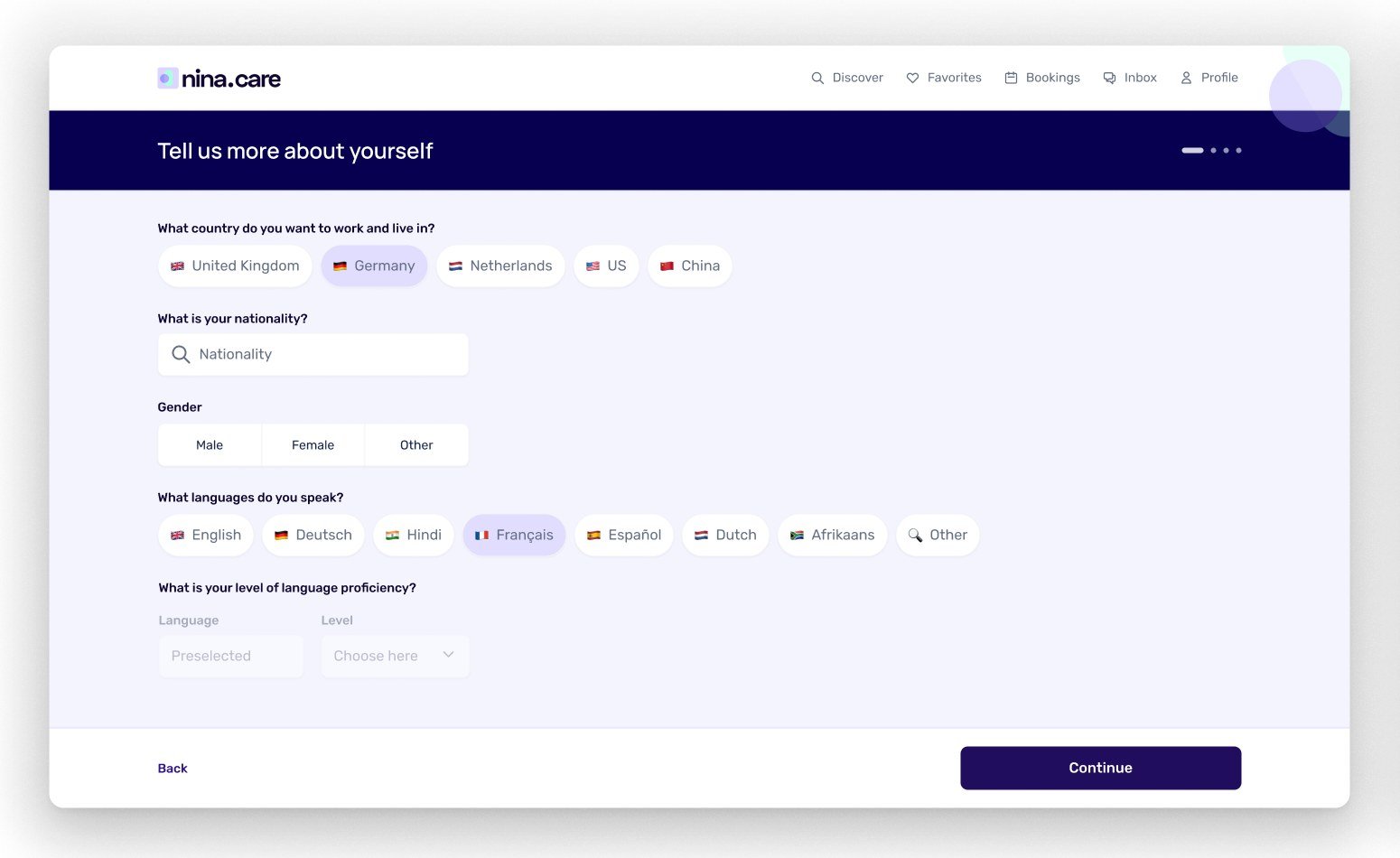 Desktop onboarding: country, nationality, gender and languages as tappable choices.