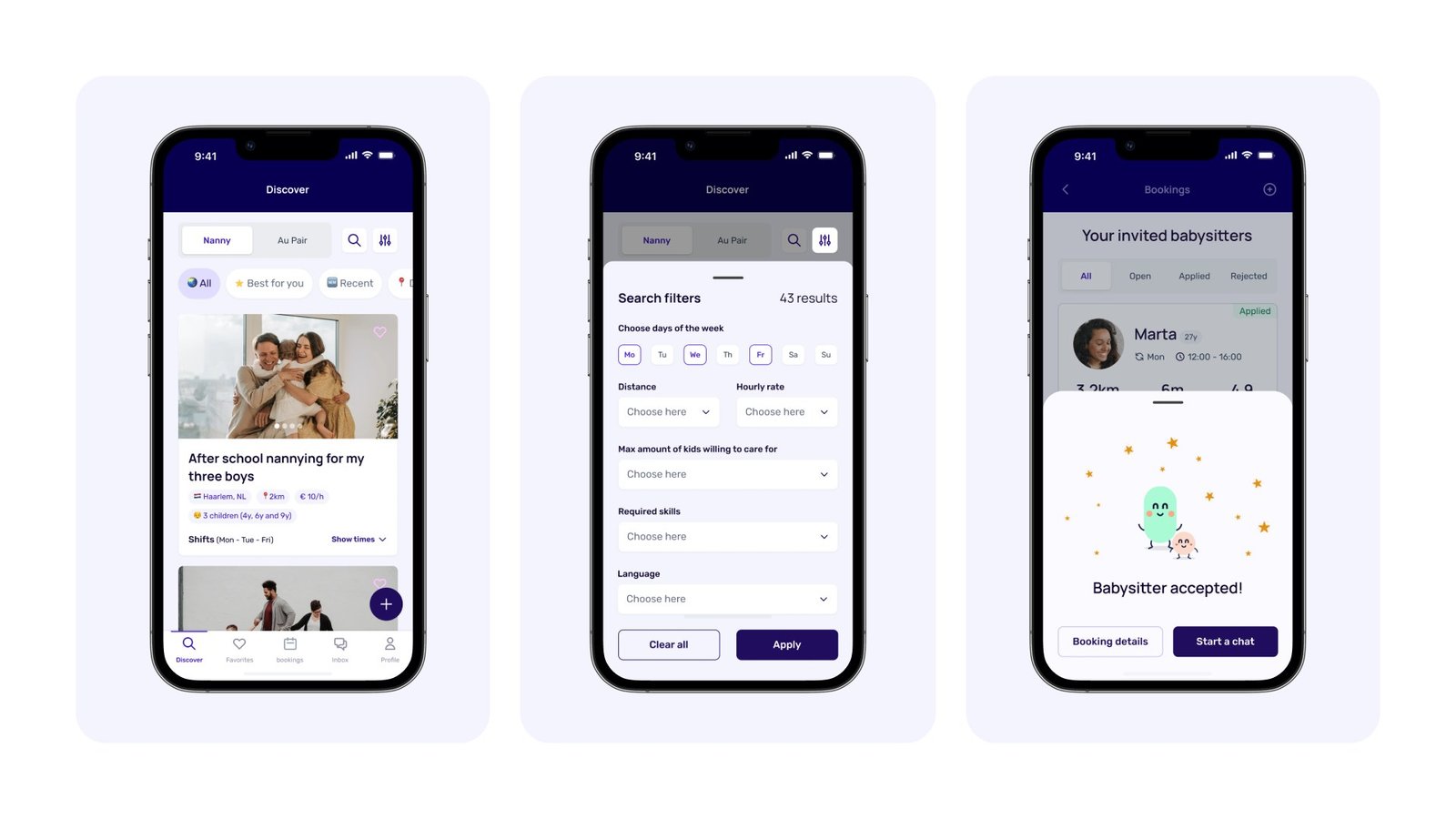 Nina.care app: discover requests, search filters by day, distance and rate, and a babysitter accepted.