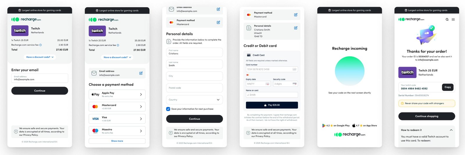Recharge checkout on mobile: order summary with the fee, email, payment, details, card and the code on screen
