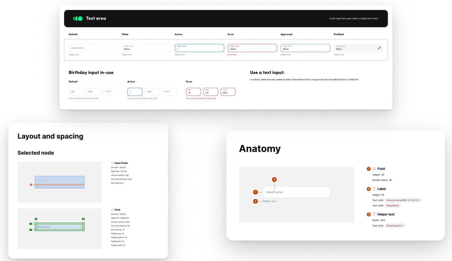Recharge design system: text area states, anatomy and spacing specs