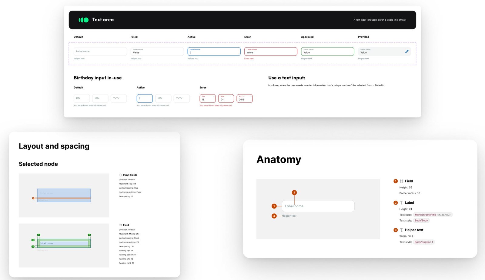 Recharge design system: text area states, anatomy and spacing specs