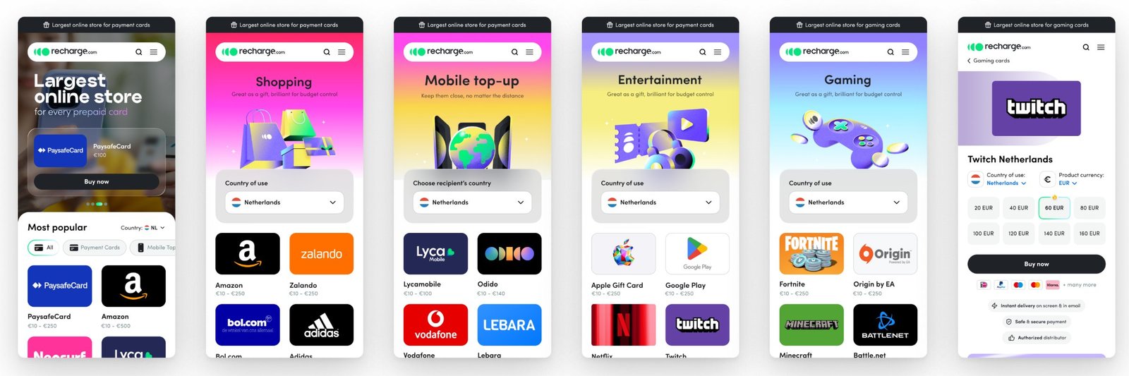 Recharge product flow on mobile: home, four category pages and a product page on one system