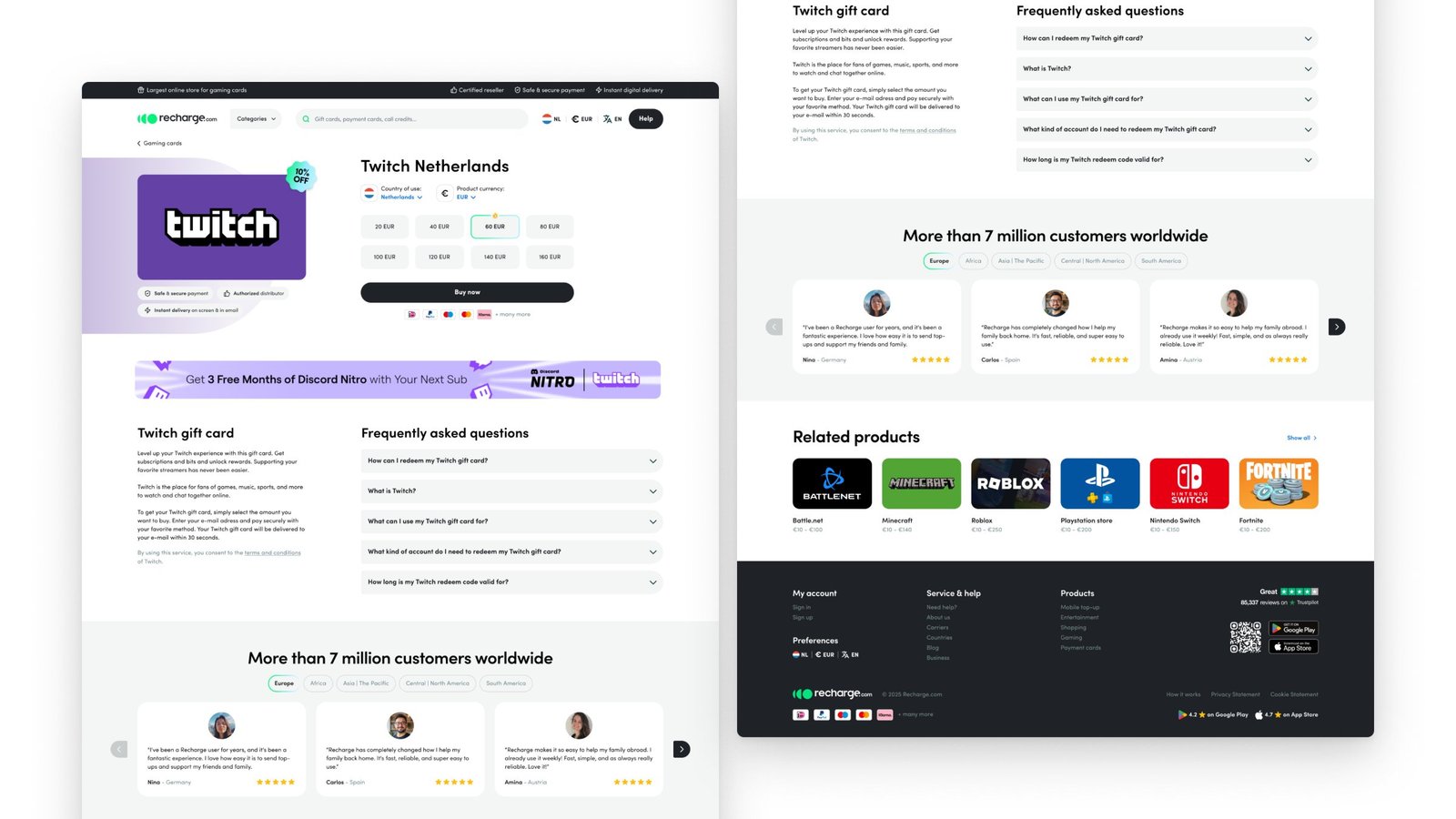 Recharge product page on desktop: country of use, amounts and delivery promise next to the buy button