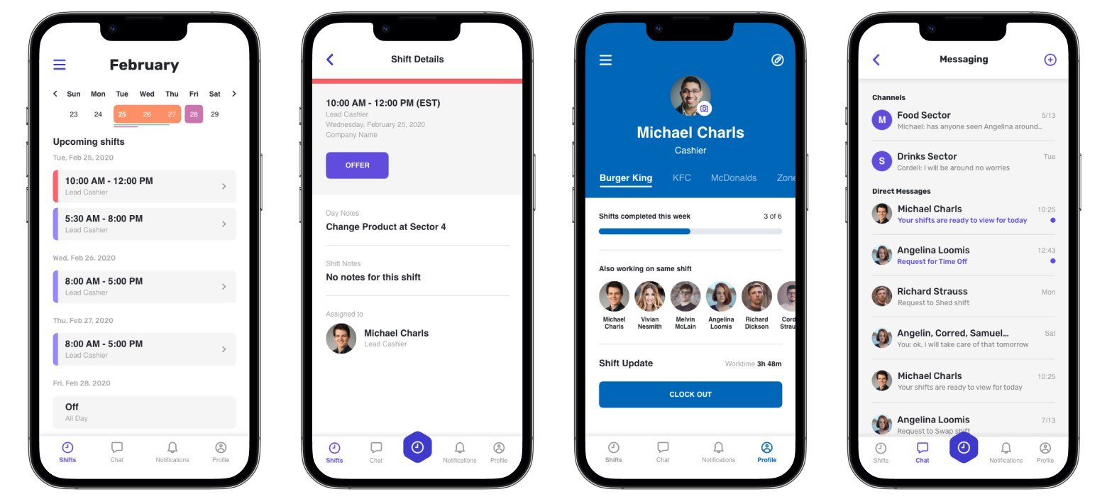Redesigned app: upcoming shifts, shift details, profile with clock out, and messaging.