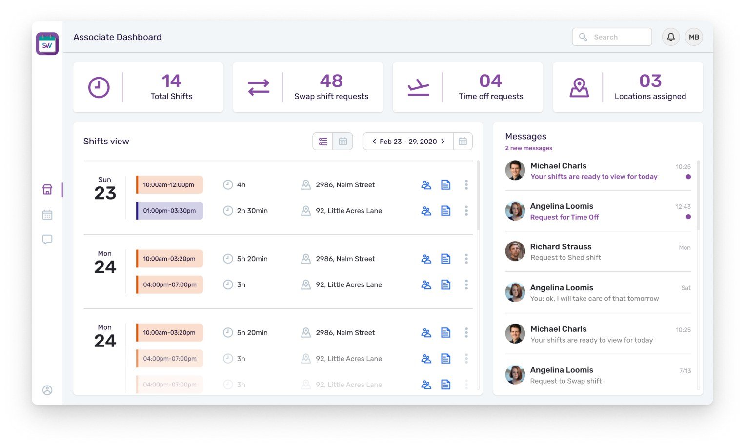 Associate dashboard: total shifts, swap and time-off requests, assigned locations, and the week of shifts.