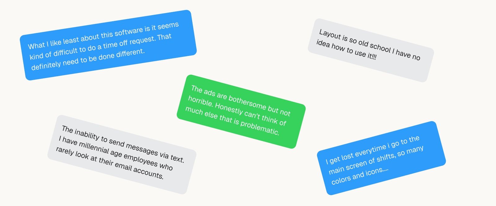Customer feedback: time off is hard to request, no text messages, getting lost in colours and icons.