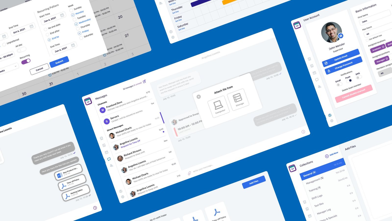 Redesigned Shedwool web screens: messages, recurring shifts, user account and files.
