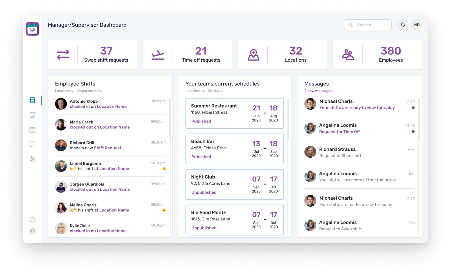 Manager dashboard: swap and time-off requests on top; clock-ins, unpublished schedules and messages below.