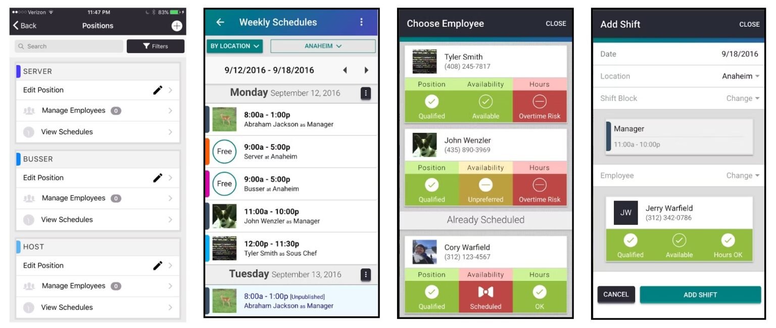Before: four screens of the old mobile app with dense lists and many colours.