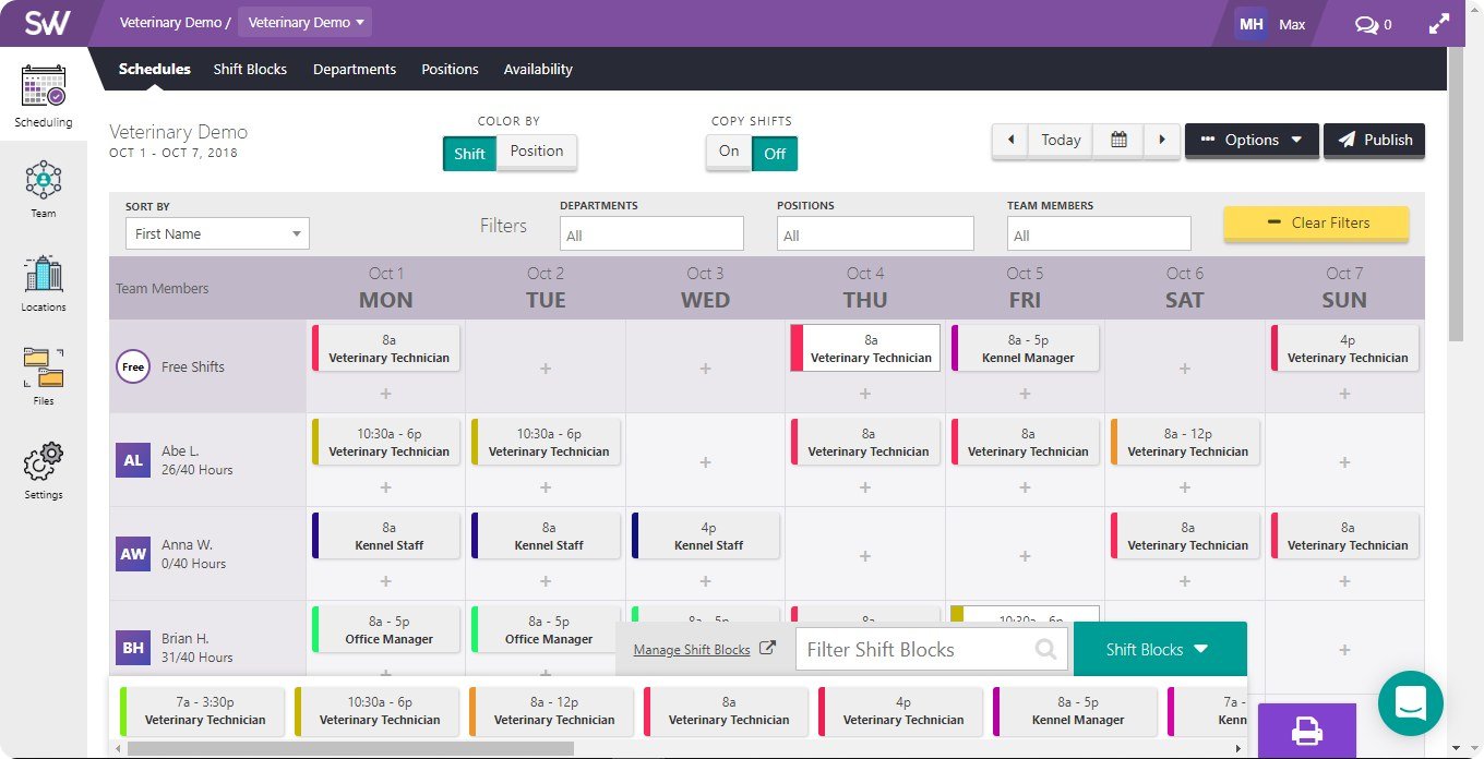 Before: one dense weekly scheduling grid with colour-coded shifts for every role.