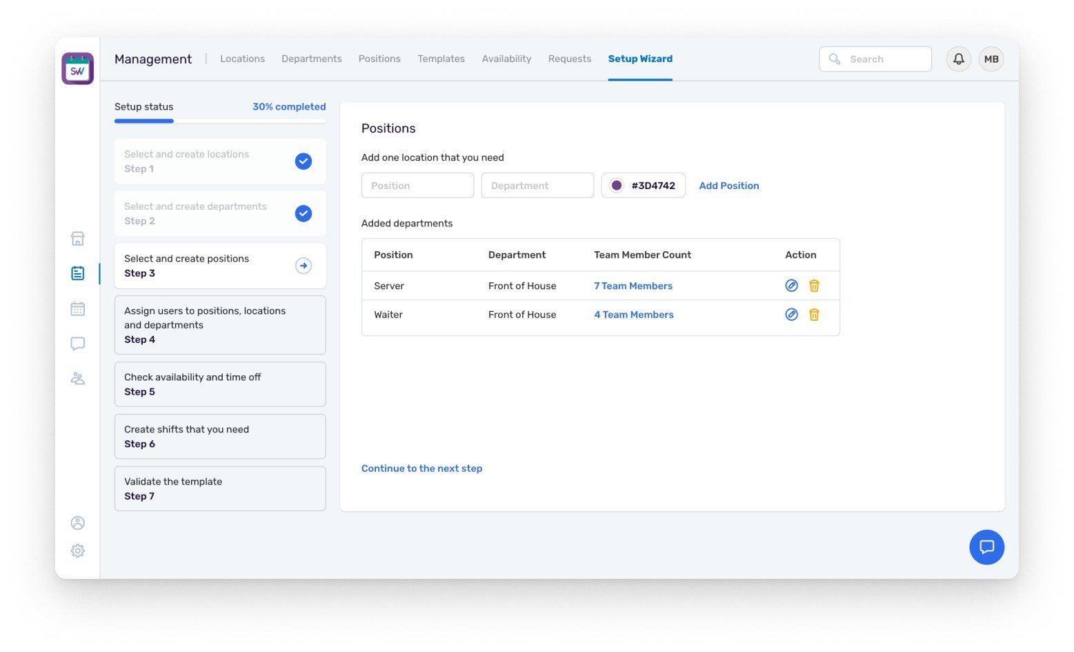 Setup wizard step 3: positions with department and team size, 30% completed.