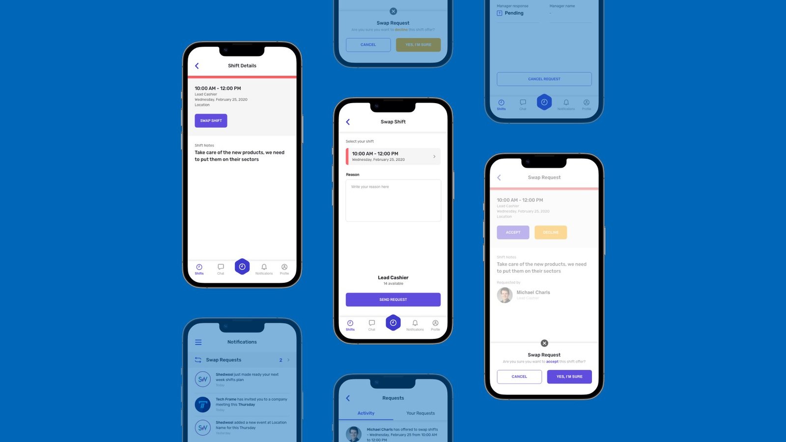 Swap flow on mobile: shift details, a swap request with a reason, the colleague accepts, the manager response pending.