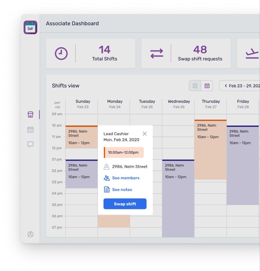 Week view with a shift open: location, members, notes and a Swap shift button.